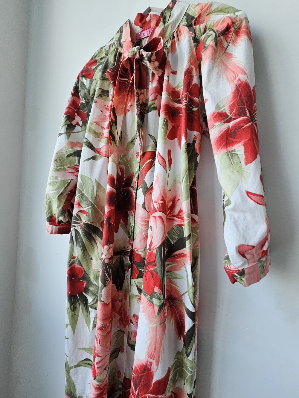 BURU Housedress Floral Tie Buttondown Long Sleeve Cotton Midaxi Dress - Picture 8 of 11